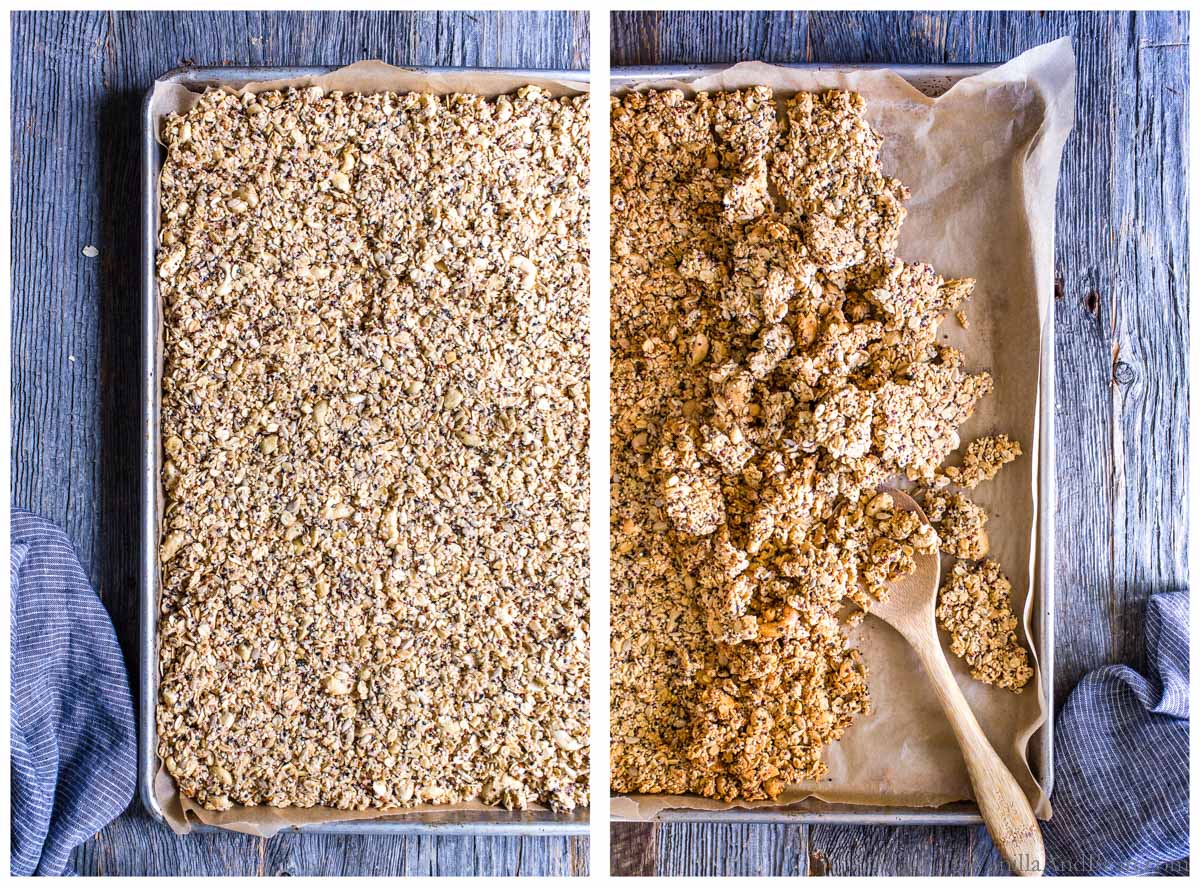 Before and after tahini granola, before baking and after baking. 