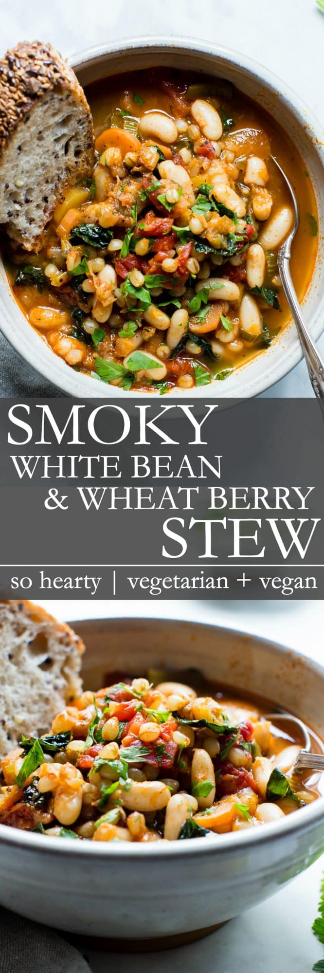 Pinterest pin for smoky white bean and wheat berry stew. 