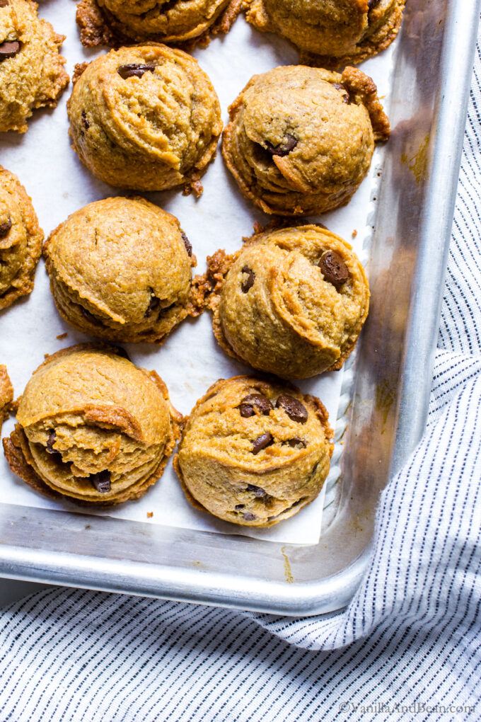 No flour peanut butter chocolate chip cookies on a sheet pan.