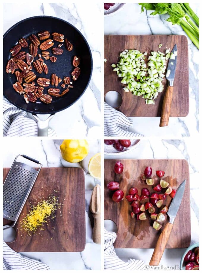 1. Pecans in a pan getting toasted. 2. Diced celery on a cutting board. 3. Lemon zest on a cutting board. 4. Sliced grapes on a cutting board.