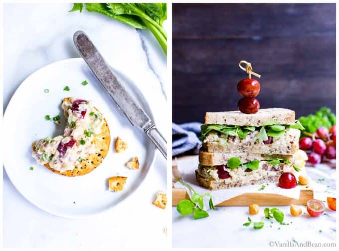 1. Cracker with chickpea chicken salad on it with bite taken out. 2. Chickpea Chicken Salad Sandwich stacked on top of each other.