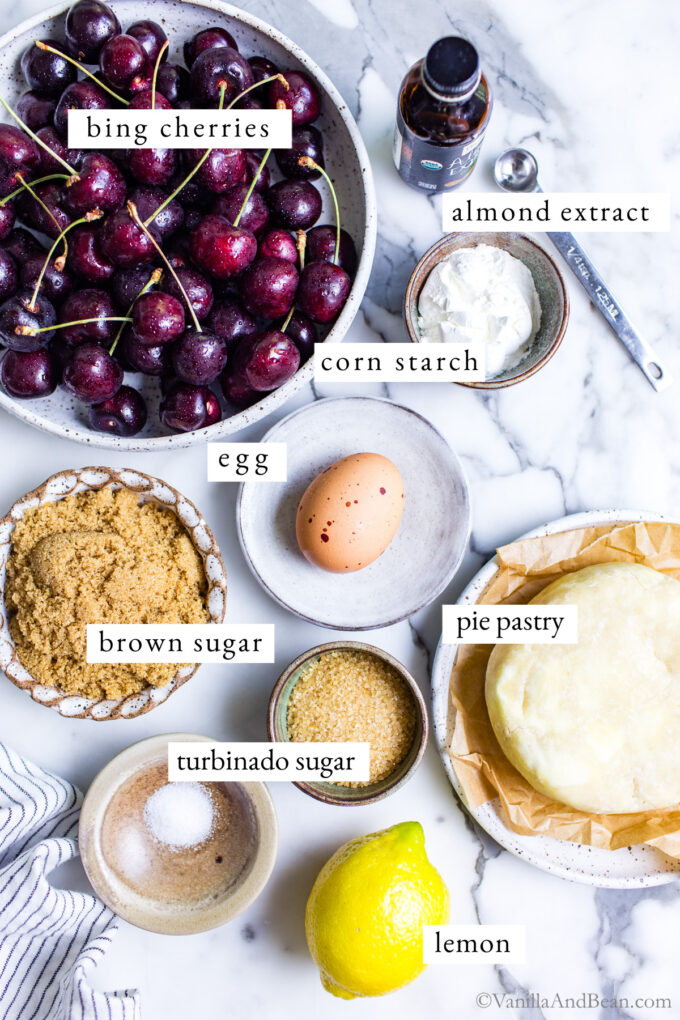 Labeled ingredients for cherry galette.