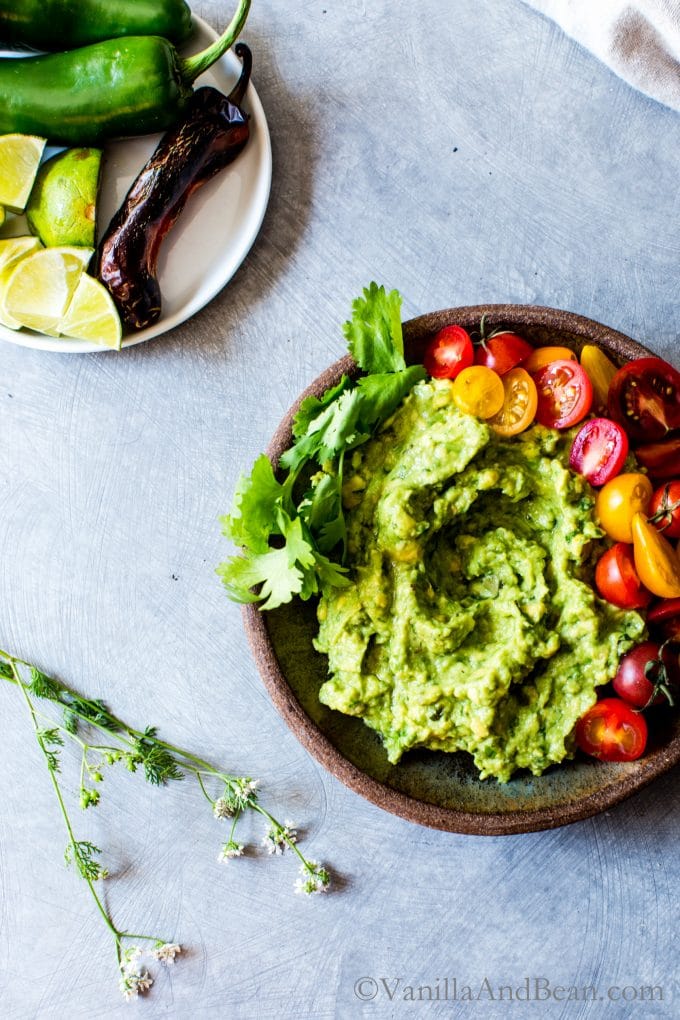Complex taste with simple ingredients, smoky Charred JalapeÃ±o-Lime Guacamole is fabulous as a snack or appetizer. Schmear on tacos or toast, or dollop on your favorite Mexican inspired soup or enchiladas! vegan + gluten free.Â 