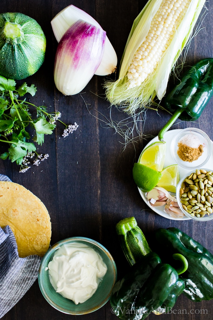 Overhead shot of ingredients for Creamy Corn, Zucchini and Poblano Tacos.