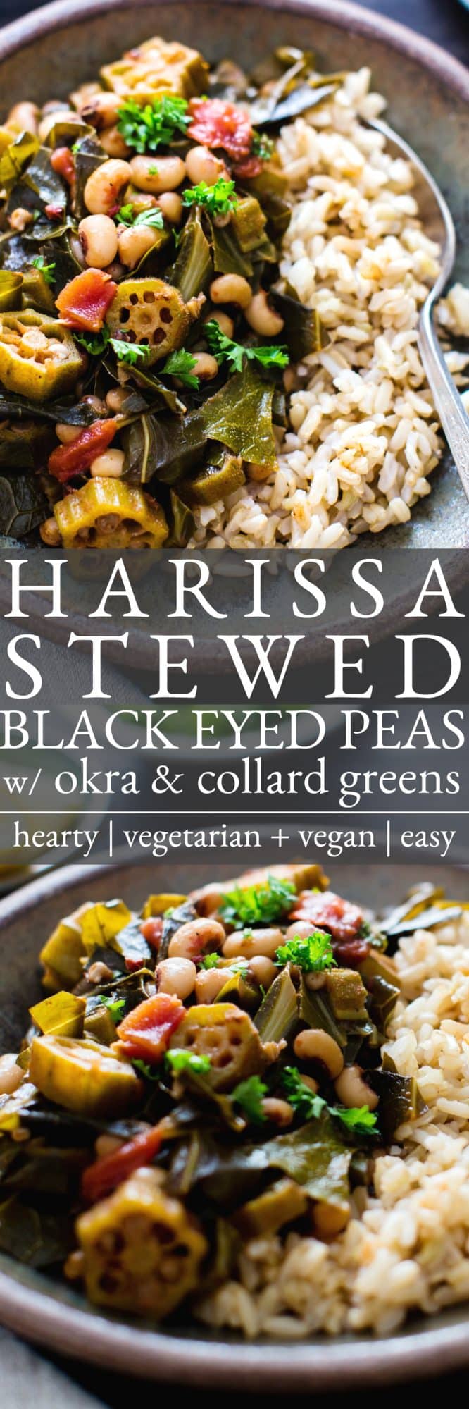 Pinterest pin for harissa stewed black eyed peas. 