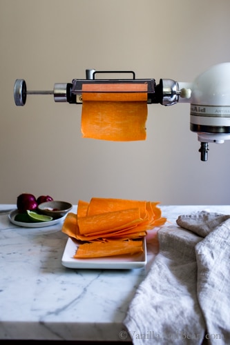 Making sweet potato sheets with the KitchenAid Sheeter attachment. 