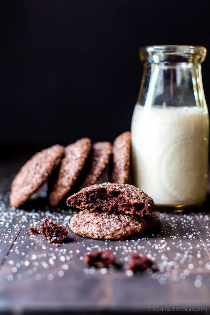 Double Chocolate Chunk Mocha Cookies with milk on the side looking delicious and inviting