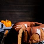 Pumpkin Bundt Cake with chocolate maple glaze on top.