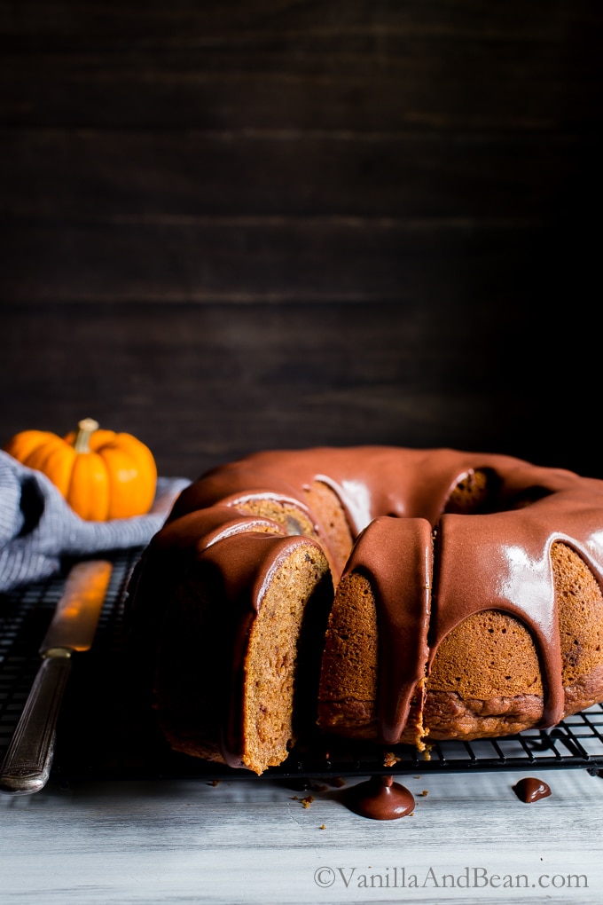 Pumpkin Bundt Cake with chocolate maple glaze on top. 