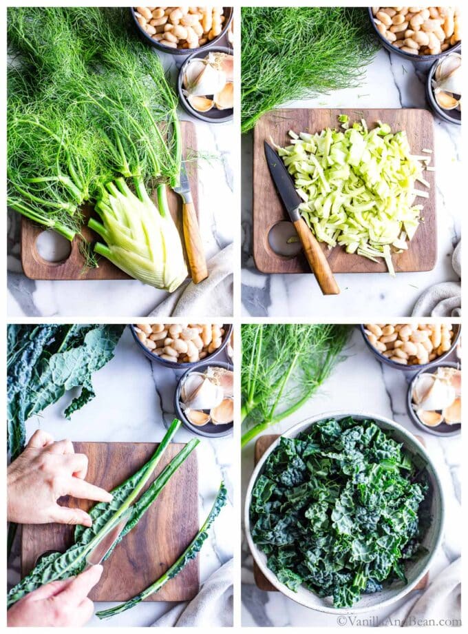 A series of four images of chopping veggies preparing for the white bean and fennel soup recipe.