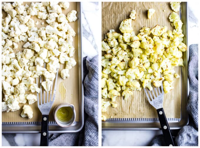 Before and after images of raw cauliflower and roasted cauliflower on a sheet pan.