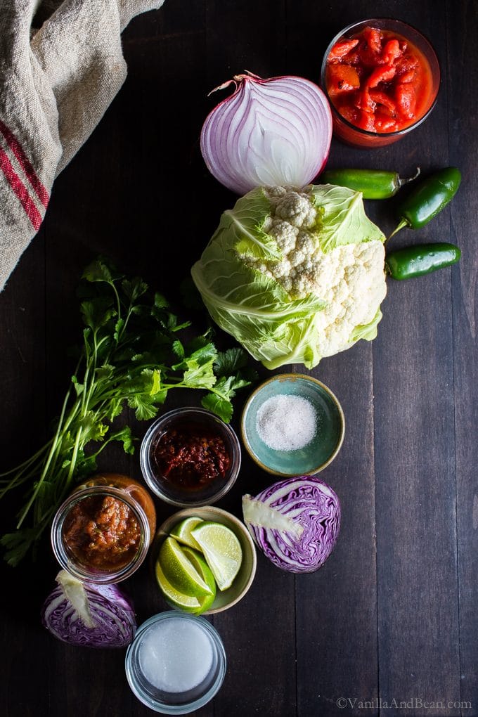 Vegetables for Cauliflower Tinga Tacos: Cauliflower, onions, tomatoes, peppers, adobo, salsa and salt. 