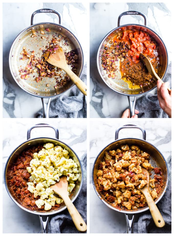 Series of four images showing how the tinga sauce and cauliflower taco stuffing is made in a pan.