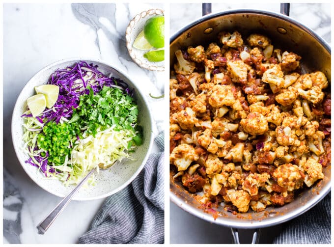 1. Vegan Taco Slaw in a bowl. 2. Cauliflower tinga stuffing in a pan, up close.