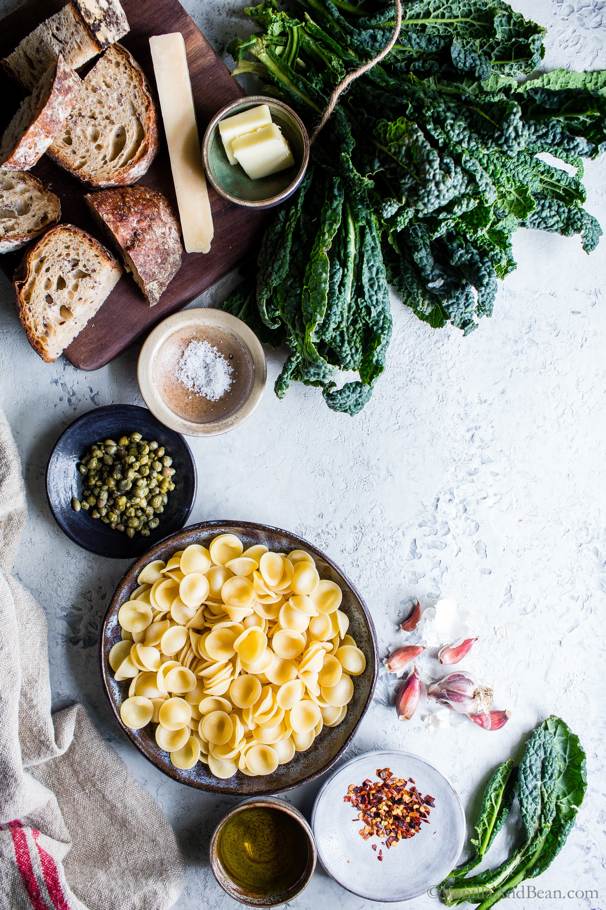 Ingredients for Orecchiette with Garlicky Kale and Breadcrumbs recipe. 