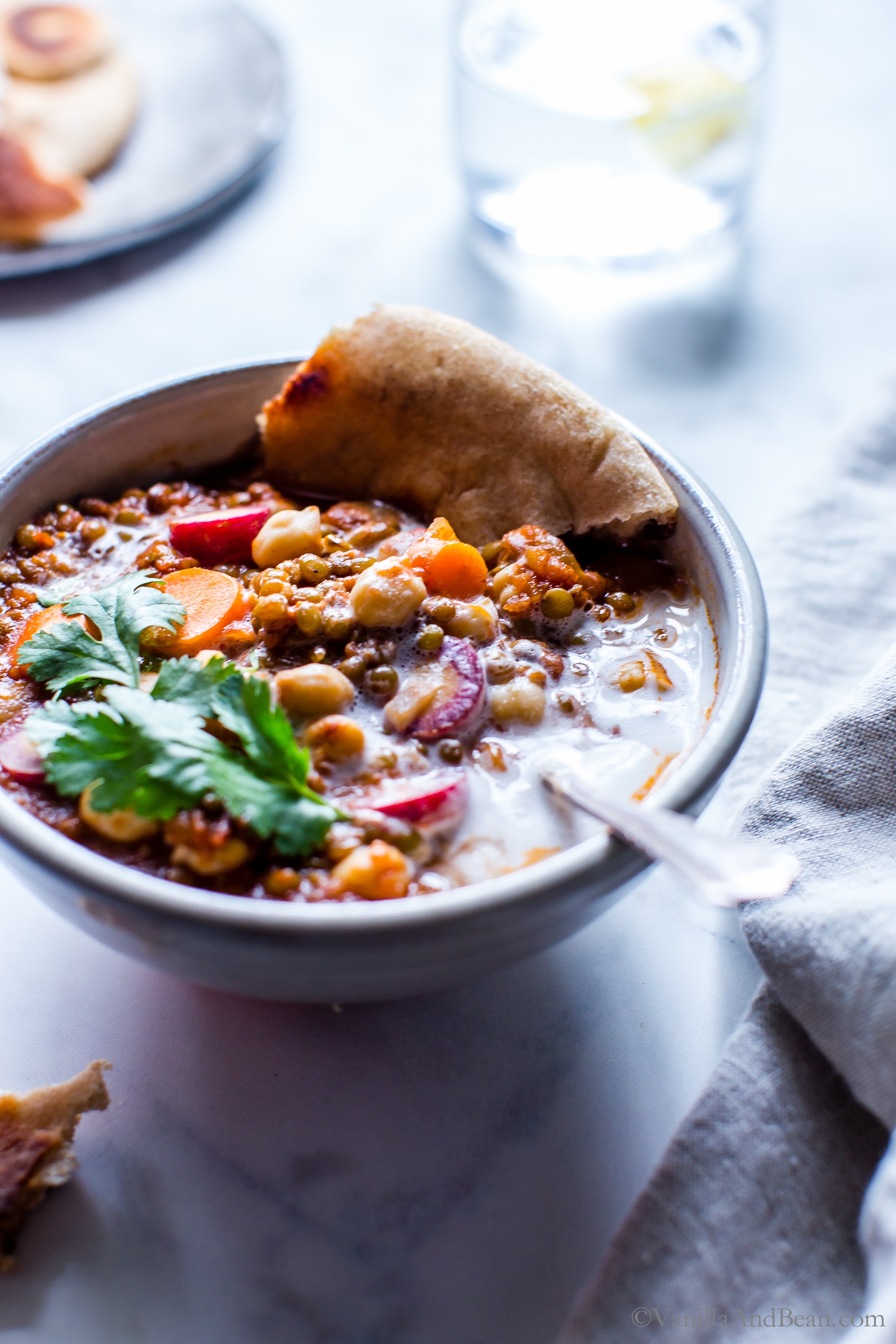 Moroccan Lentil Chickpea Stew in a bowl with pita bread, cilantro and a spoon. 