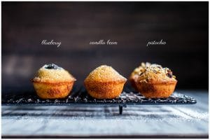 Almond-Orange Mini Tea Cakes with Brown Butter three ways - blueberry, vanilla bean and pistachio.