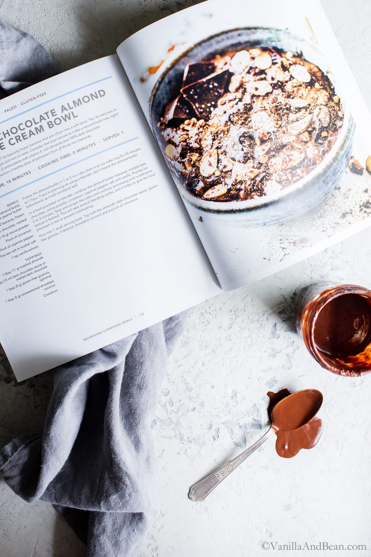 Picture of a recipe book with it open to Chocolate Almond Nice Cream Bowls.