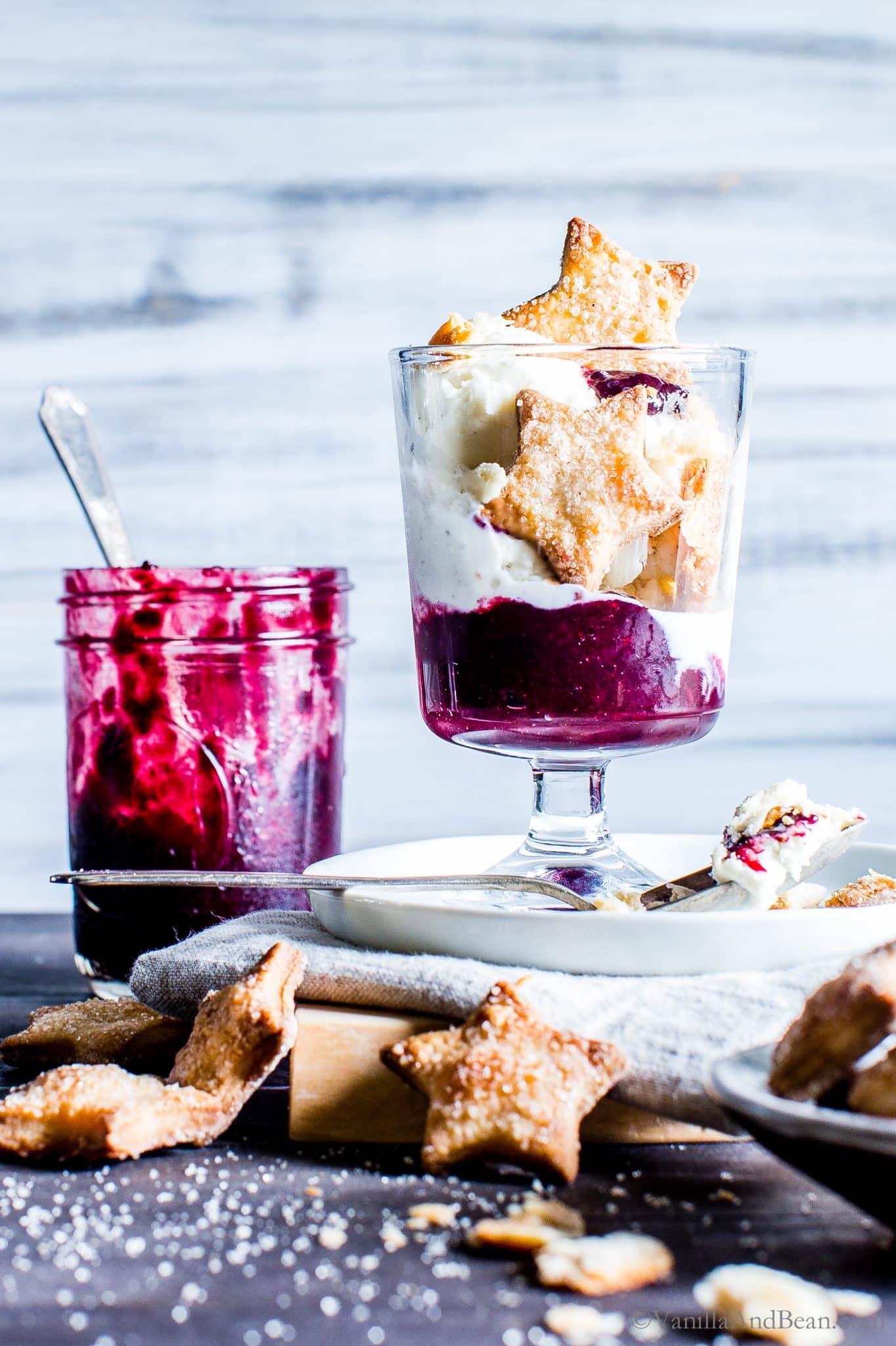 Blueberry-Rhubarb Pie Ice Cream Parfaits served in a glass ready to eat. 