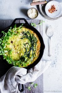 Overhead shot of Broccoli Rabe Frittata with Pesto Ricotta ready for sharing.