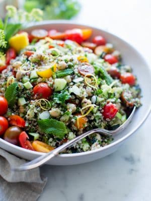 Quinoa Tabbouleh Salad with Chickpeas in a big bowl ready to be shared.