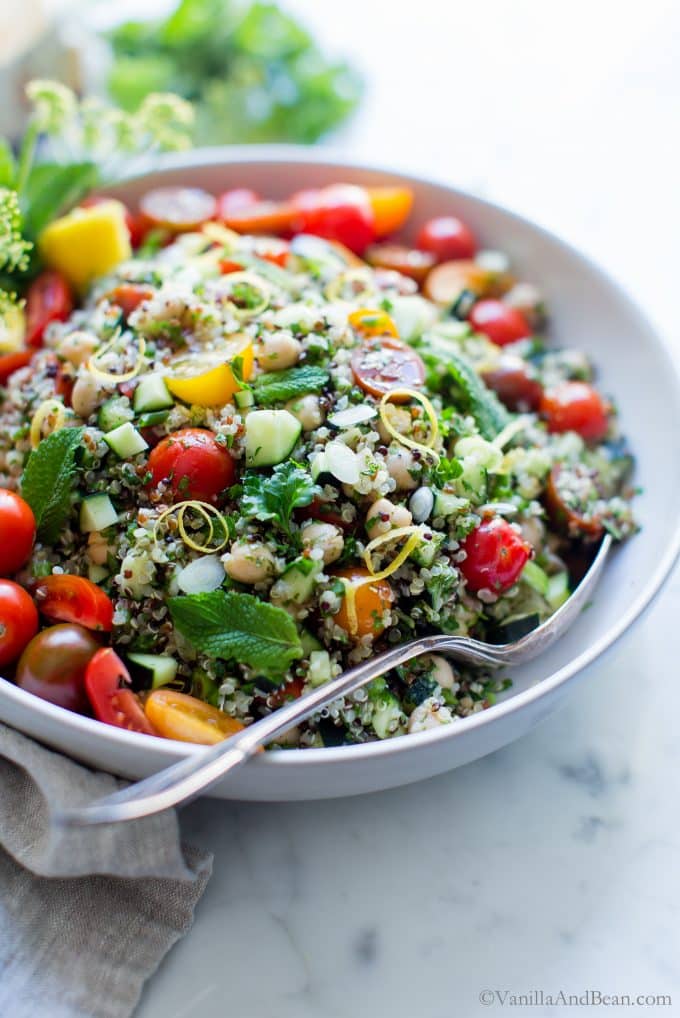 Quinoa Tabbouleh Salad with Chickpeas in a big bowl ready to be shared.