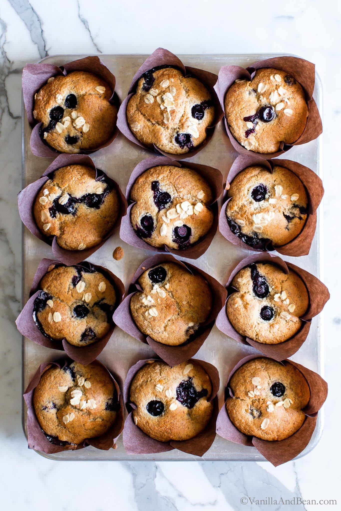 Overhead shot of Blueberry-Oat Flax Muffins in brown paper liners. 