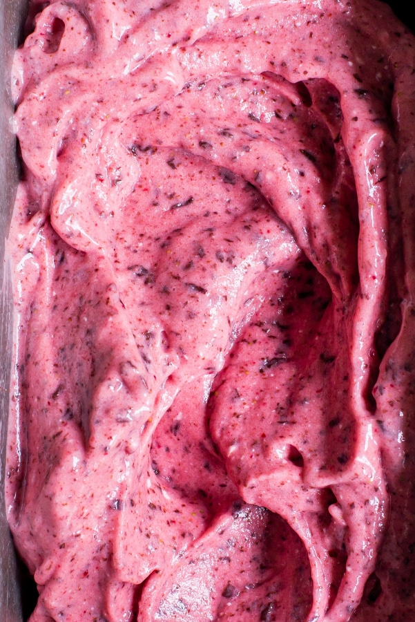 Finished and creamy Strawberry Chocolate Chip NiceCream in a container. 