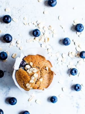 Overhead shot of naturally sweetened Blueberry-Oat Flax Muffin