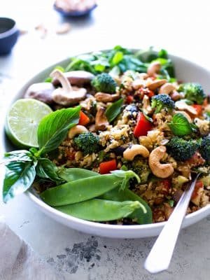Thai Vegetable Cauliflower Fried Rice with Cashews in a large bowl ready for serving.