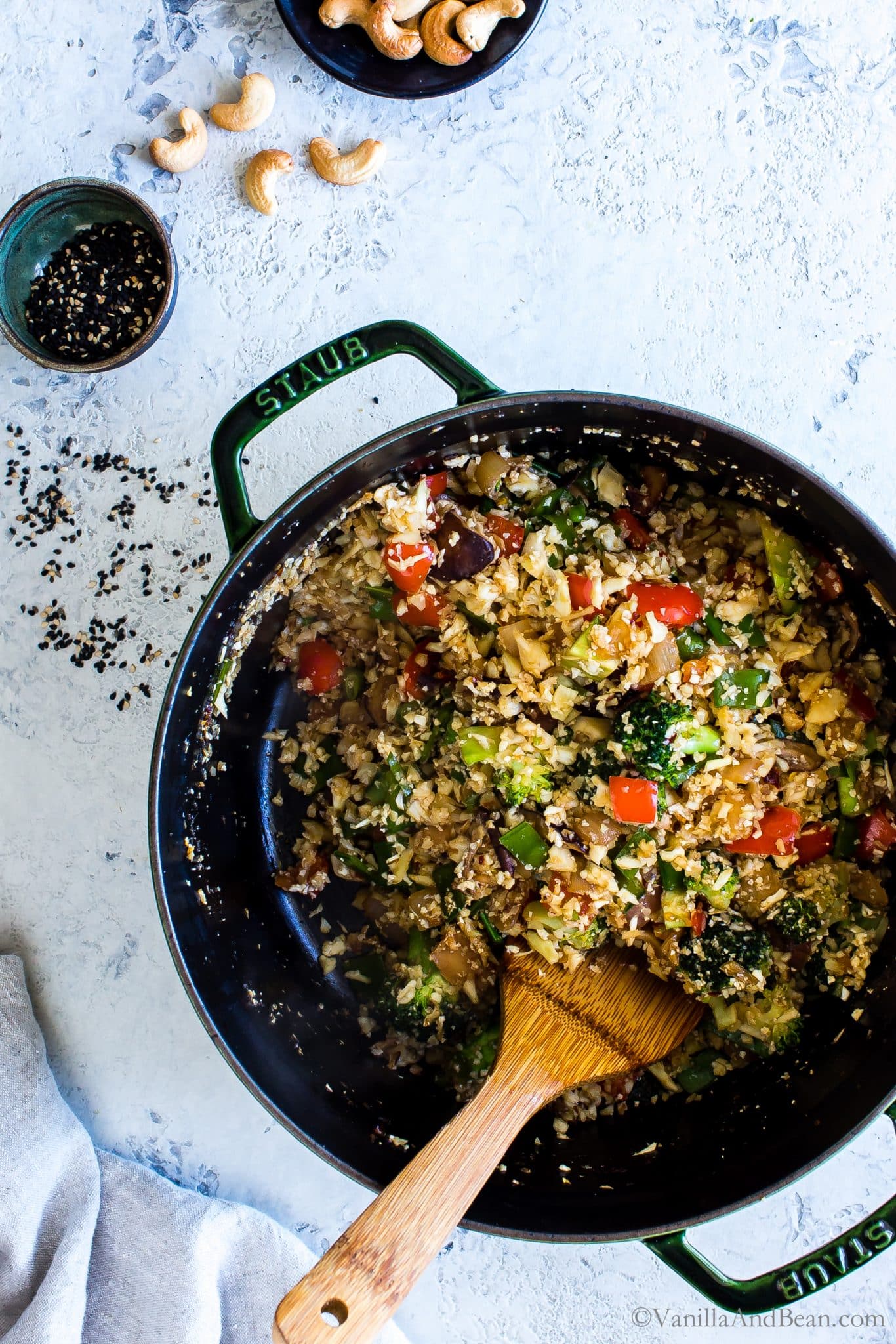Thai Vegetable Cauliflower Fried Rice with Cashews in a Dutch oven ready for sharing. 