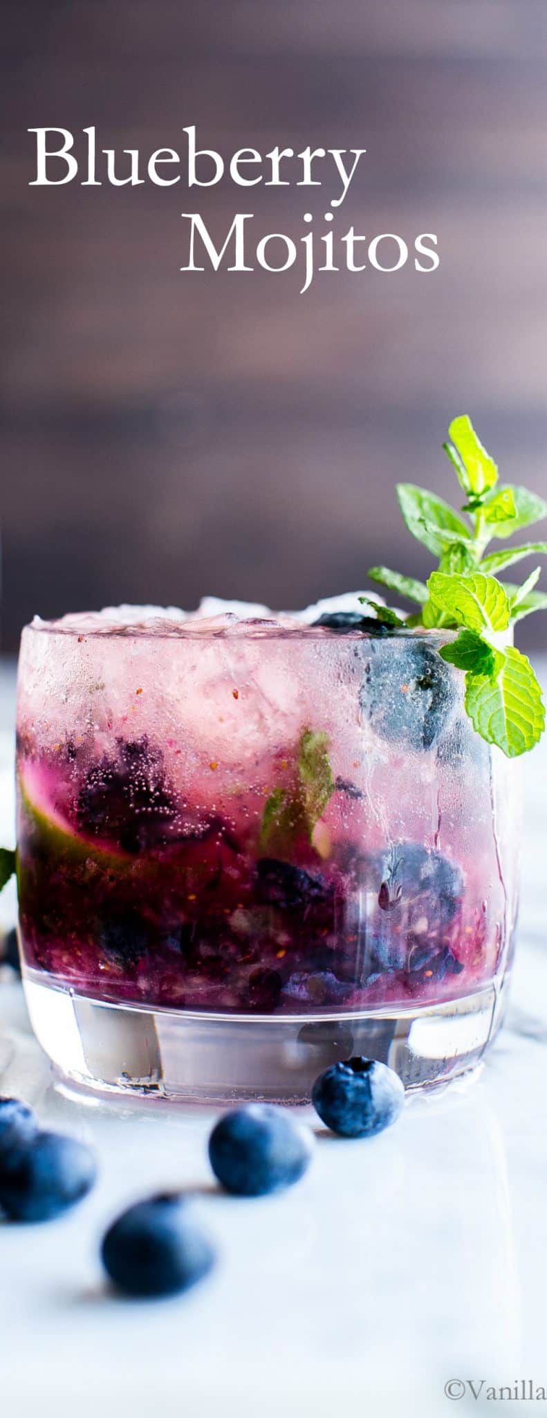 Blueberry Mojito in a glass garnished with mint. 