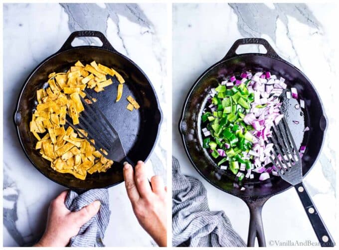 1. pan fried tortilla strips in a skillet. 2. poblano pepper and onions sauted in a skillet.