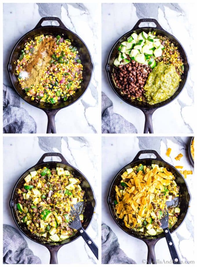 1. spices and ingredients in a skillet. 2. black beans, zucchini, verde sauce and veggies in a skillet. 3. all the ingredients stirred together in a skillet. 4. crunchy tortilla strips are added to the ingredients in the skillet.