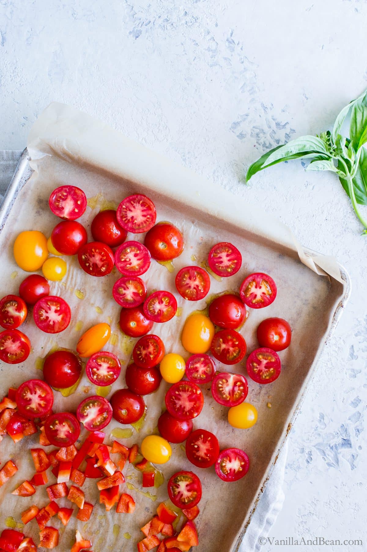 Overhead shot of tomatoes on a parchment lined sheet pan, pre roast. 