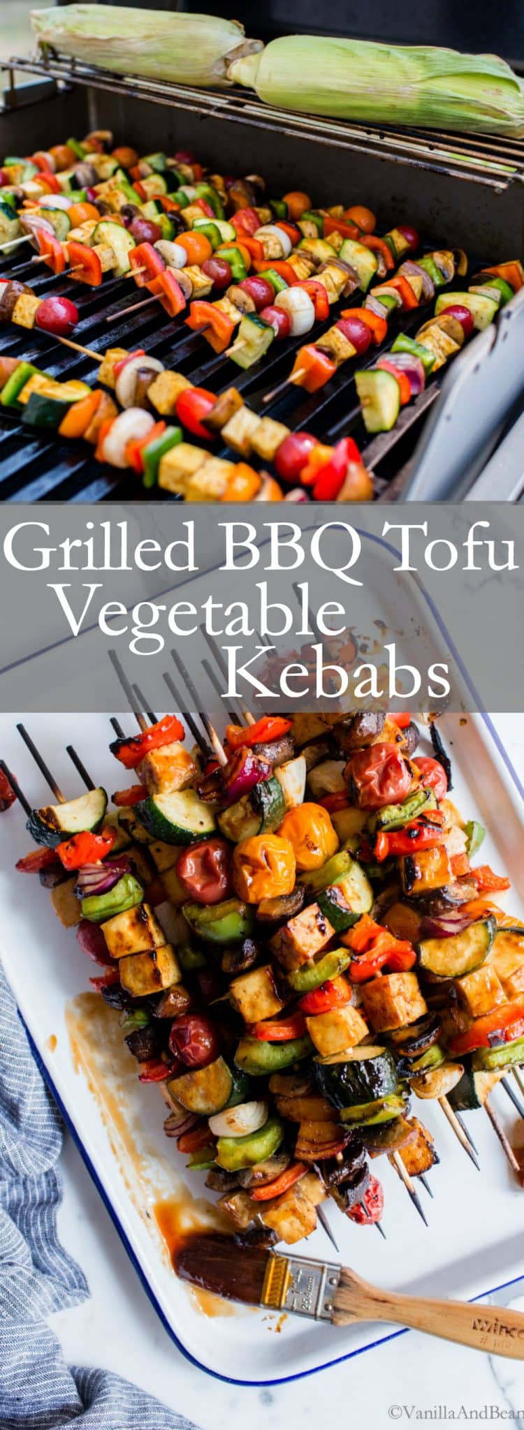 Pinterest pin for grilled BBQ tofu veggie kebabs. 