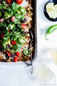 Overhead shot of Quinoa Enchilada Bake with Black Beans ready for sharing.