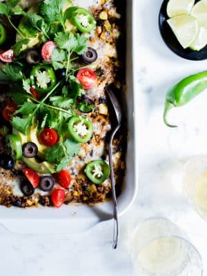 Overhead shot of Quinoa Enchilada Bake with Black Beans ready for sharing.