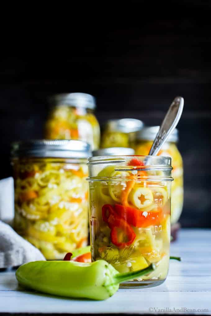Pickled Banana Peppers in jars and ready to eat. 