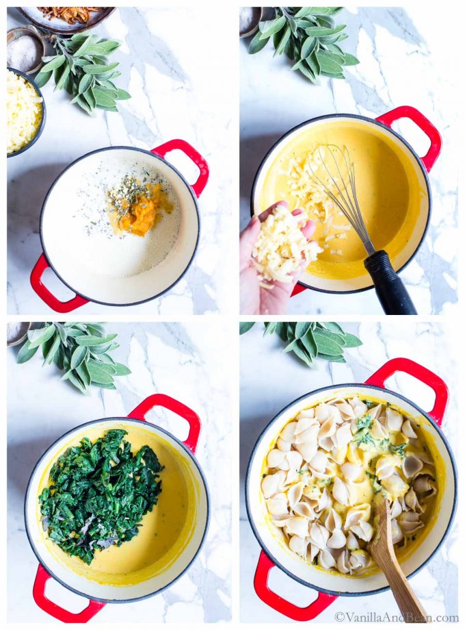 Four images for making pumpkin mac and cheese: 1. in a dutch oven, milk, pumpkin and spices. 2. in a Dutch oven a whisk, sauce and shredded cheddar cheese. 3. In a Dutch oven, blanched kale in pumpkin cheese sauce. 4. In a Dutch oven, cooked pasta, kale and sauce. 