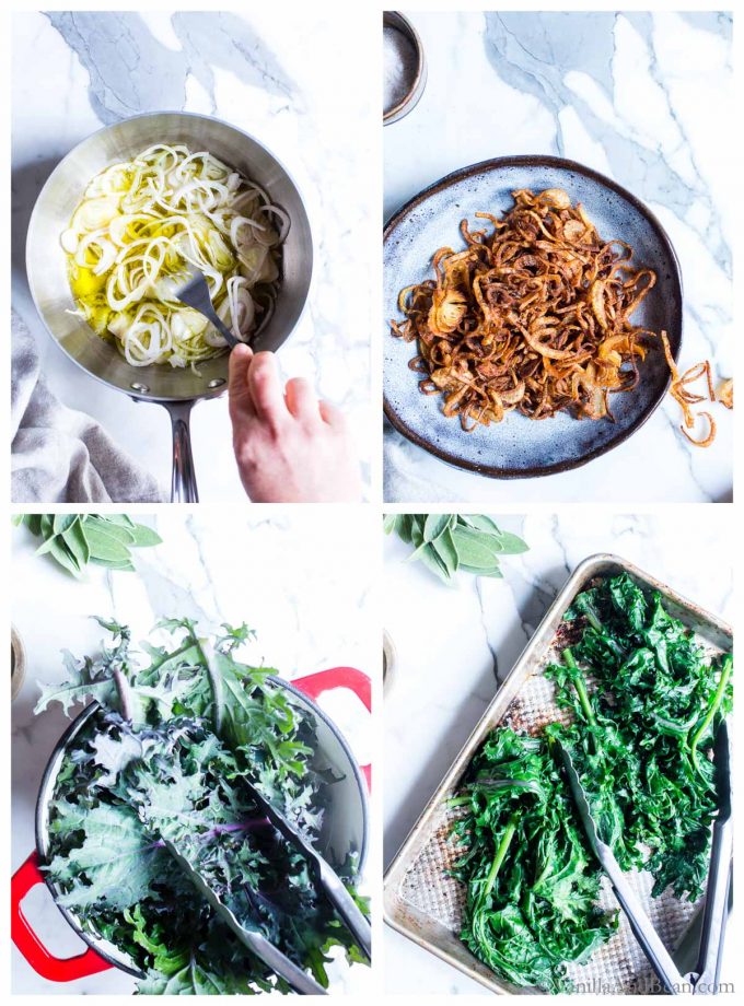 Four images for Pumpkin Mac and Cheese: 1. shallots in oil in a pan. 2. crispy shallots in a bowl. 3. plundging kale into a pot of boiling water. 4. cooked kale on a pan for mac and cheese with kale. 
