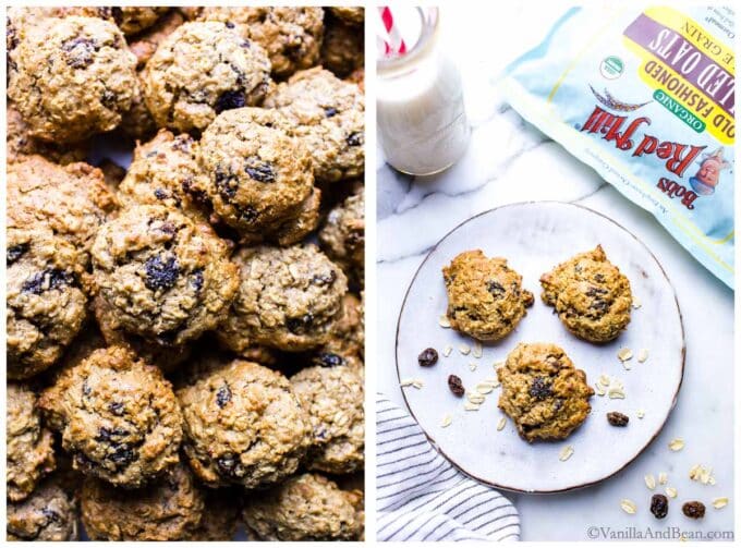 1. healthy vegan oatmeal raisin cookies close up. 2. Healthy Oatmeal Cookies on a plate.