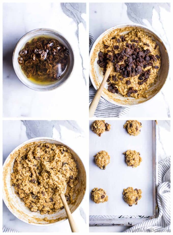 A series of pictures showing 1. soaked raisins in a bowl. 2. healthy oatmeal raisin cookie dough in a bowl. 3. mixed healthy oatmeal raisin cookie dough in a bowl. 4. healthy vegan oatmeal cookies on a sheetpan.