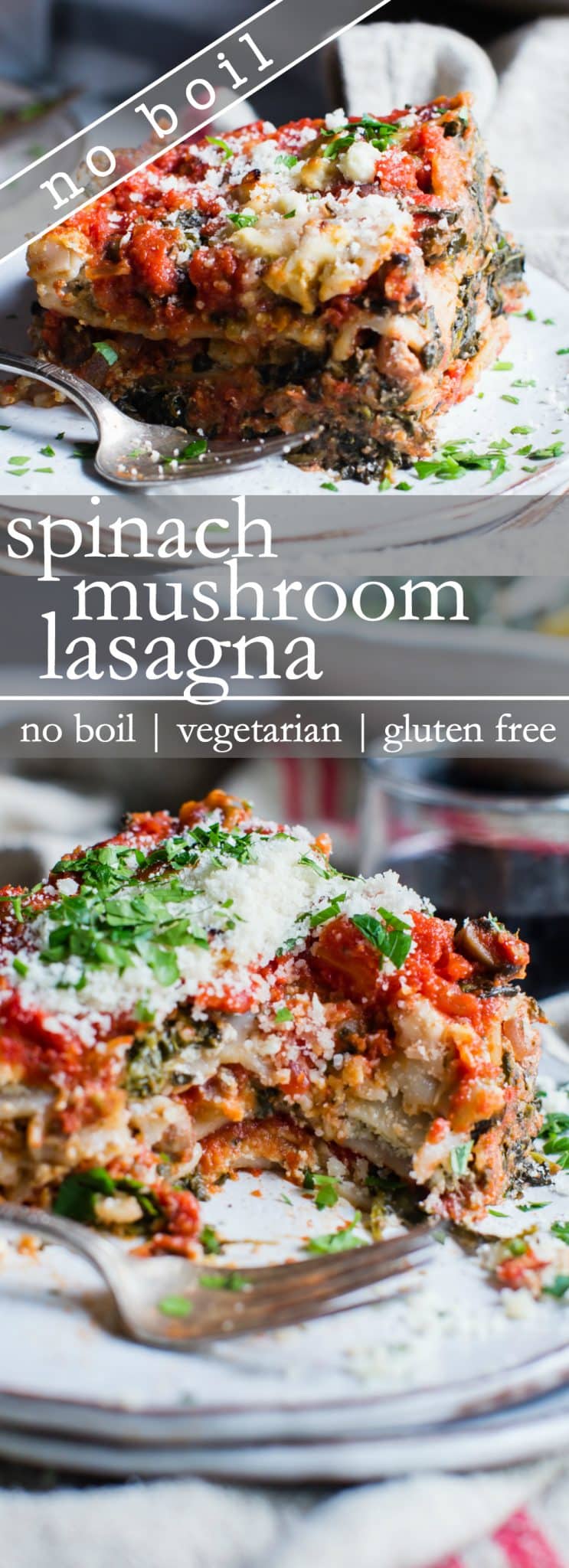 Pinterest pin for spinach mushroom lasagna. 