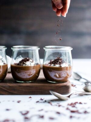 A most luxurious and rich dessert with simple ingredients and minimal effort. Chocolate Pots de Crème with a dairy free option, is a go-to recipe for make ahead ease. #SimpleDessert #ChocolatePotsdeCreme #DairyFree Option #GlutenFreeDairyFreeDessert #ChocoalteDessert #EasyChocolateDessert