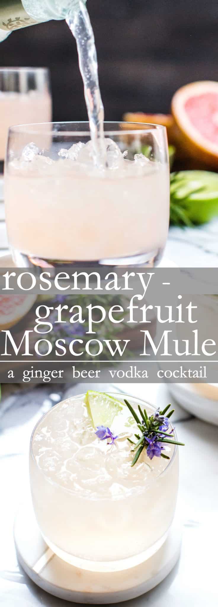 Pinterest pin for rosemary grapefruit Moscow Mule. 