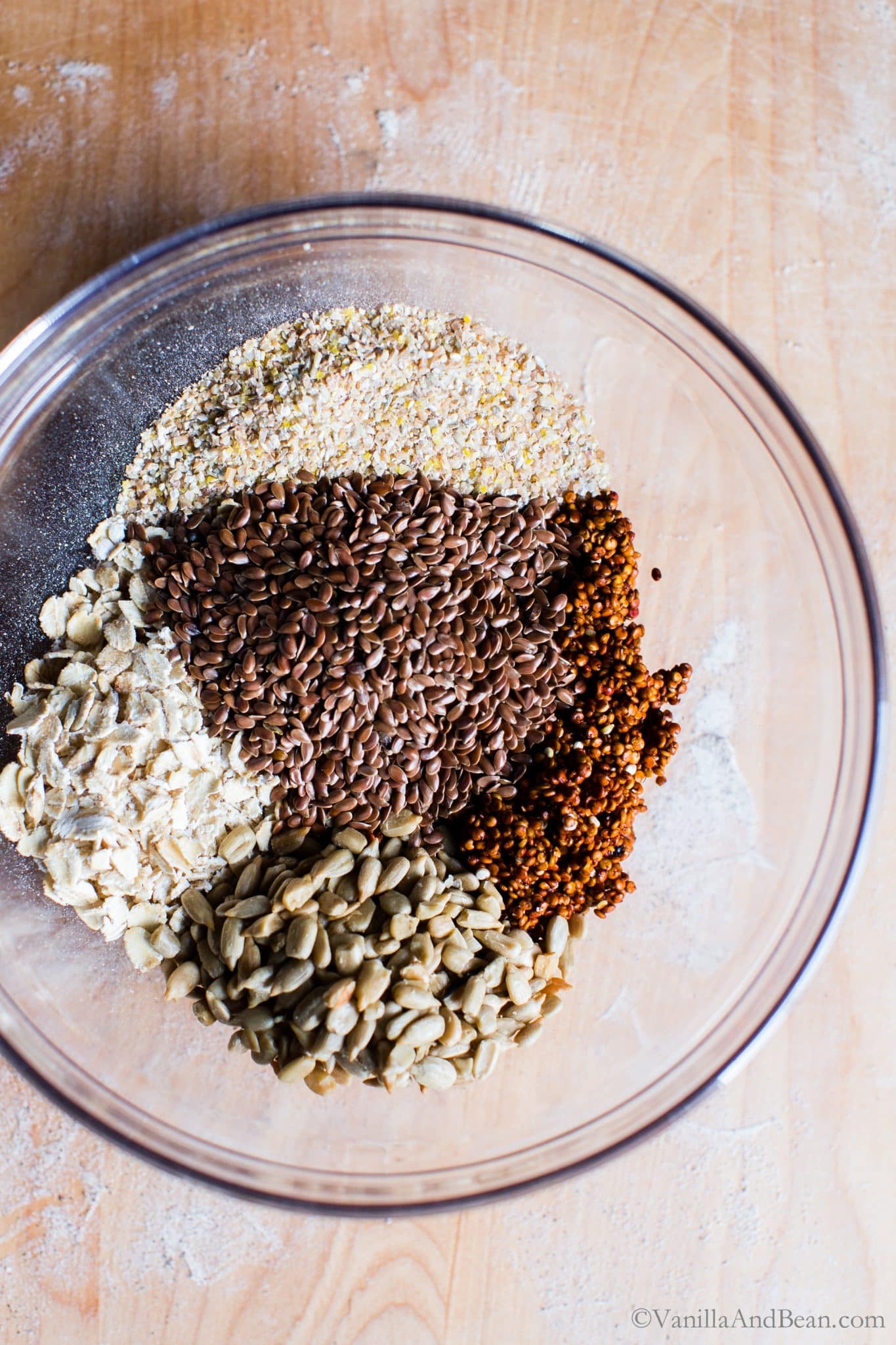 The soaker, full of seeds and grains, in a bowl. 