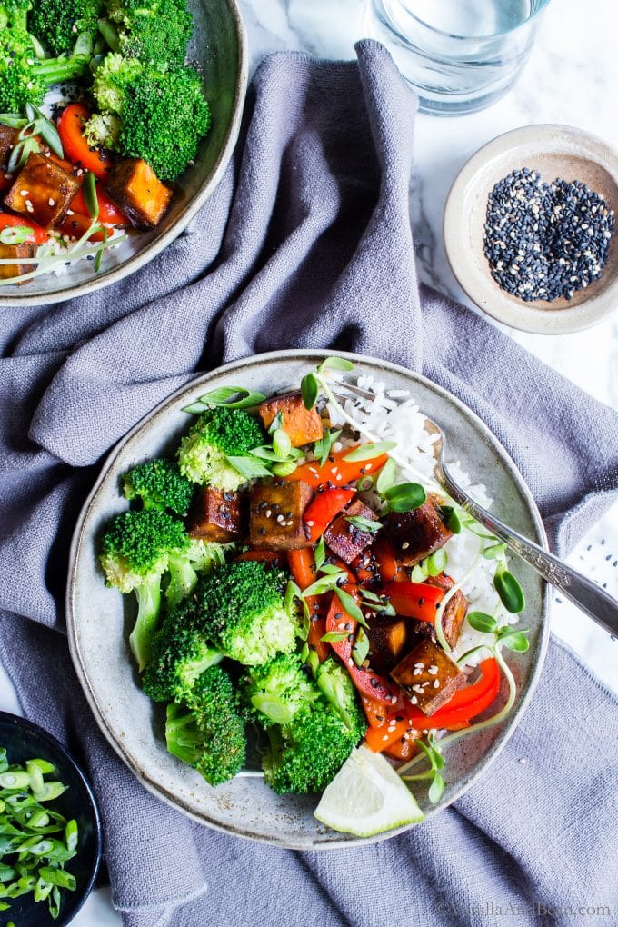Tofu Teriyaki in bowls with steamed broccoli and rice. 