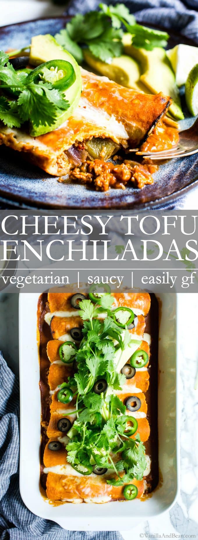 Pinterest pin for cheesy tofu enchiladas. 