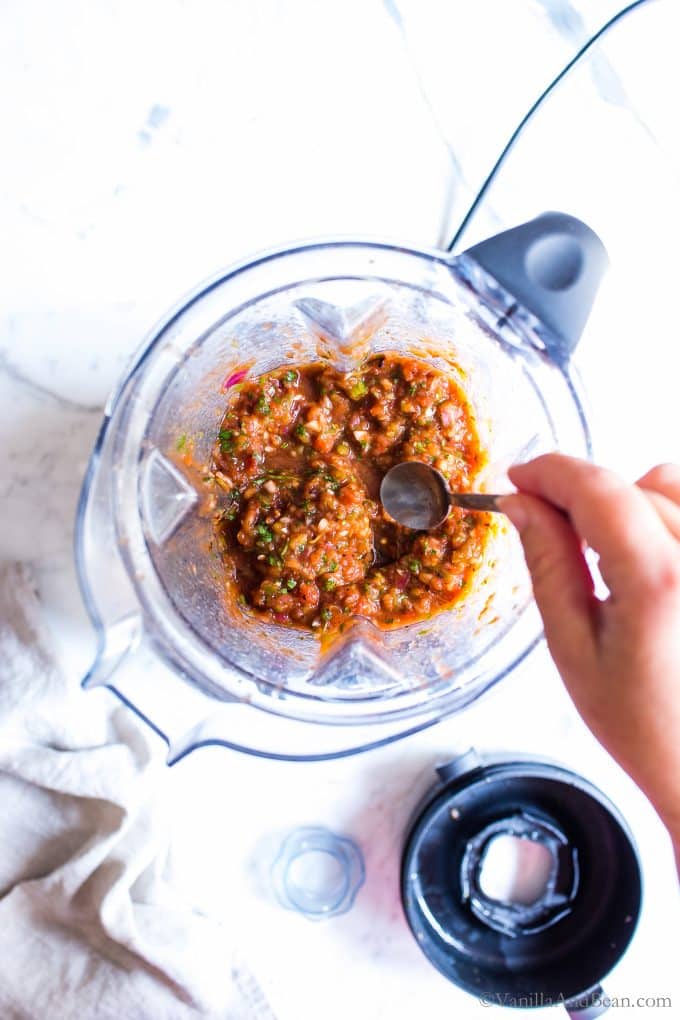 Homemade Mexican Chipotle Salsa is in a blender and ready to be served.